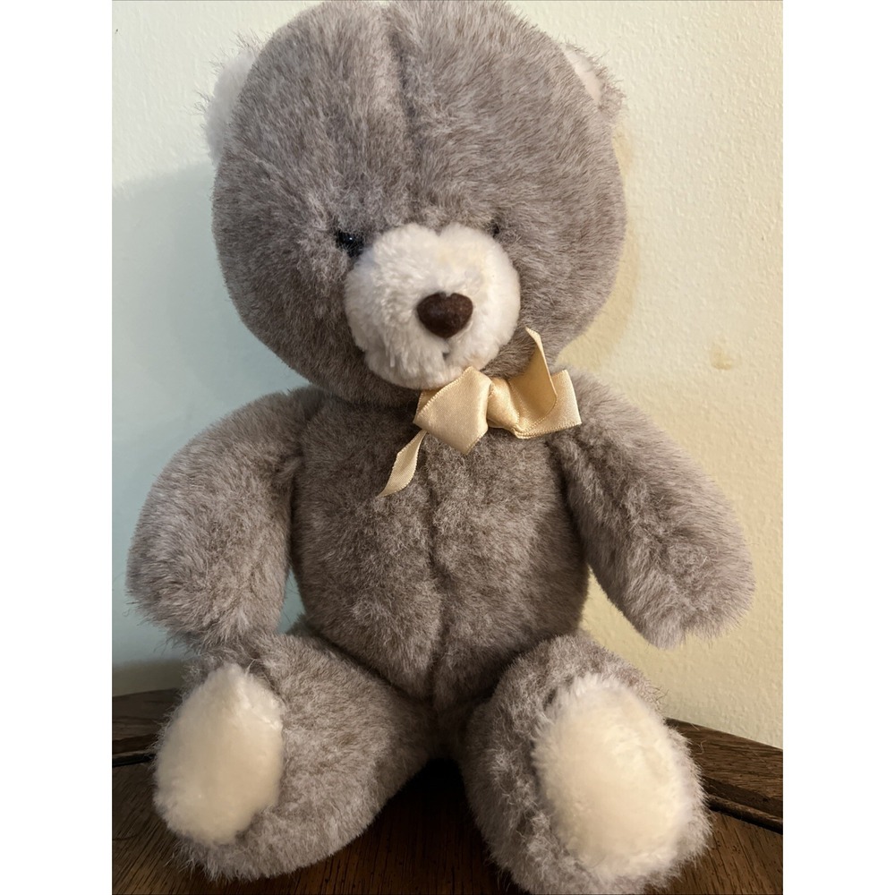 Vintage Animal Fair  Tega-Bear Grey Teddy Bear Stuffed Animal Plush Toy Gold Bow